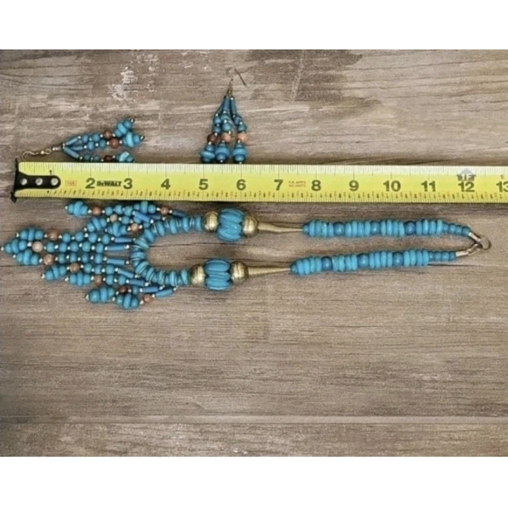 Vintage Turquoise Stone Beaded Cleopatra Statement Necklace & Earrings Set - Picture 12 of 12